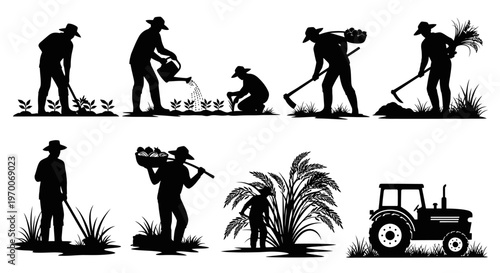Farmer Working in Field Silhouette Agriculture Farming Scene Vector Isolated on White