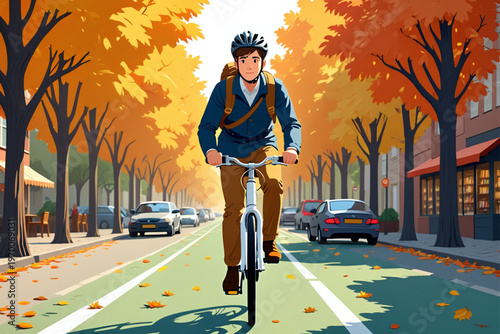 Autumn Morning Bike Ride to Work Flat Vector Illustration