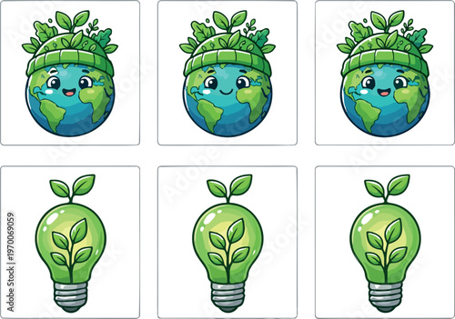 Eco friendly cartoon globe and light bulb illustrations for sustainability and environmental conservation