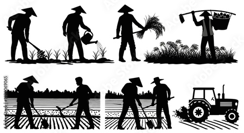 Farmer Working in Field Silhouette Agriculture Farming Scene Vector Isolated on White