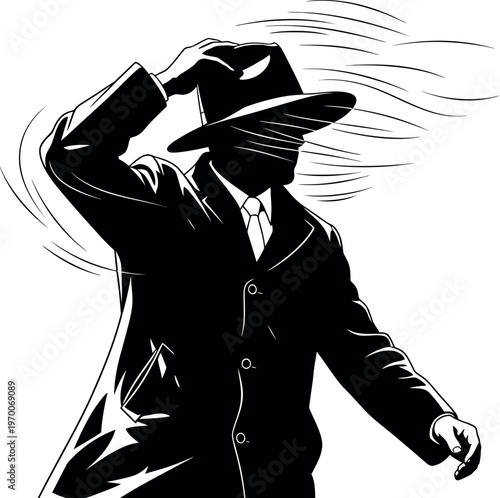 Silhouette of a man in a suit and hat with wind blown hair