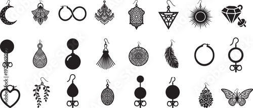 Earring Silhouettes Vector Bundle, Lady's Jewelry, diamond necklace, earrings set simple design black line art and ornaments icon bundle set black silhouette art clean background. 
