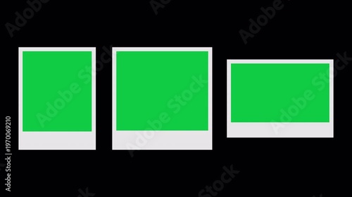 Three empty green instant photo frames with white borders displayed on a black background, perfect for overlaying images and creating visual collages