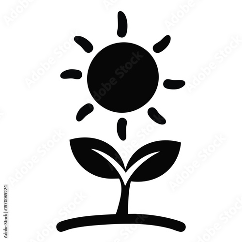 Plant growth and sun icon. Ecology and nature concept symbol. Simple vector illustration of a sprout under the sunlight