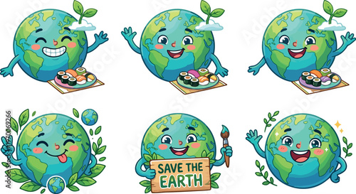 Cartoon Earth character illustrations promoting eco friendly living and sustainability with sushi and save the earth sign