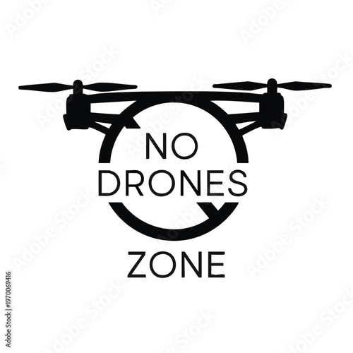 No drones zone warning sign. Vector icon with a quadcopter silhouette and prohibition symbol. Flight restriction area graphic