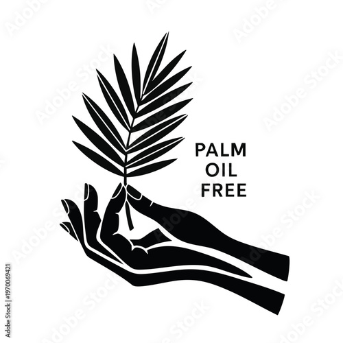 Palm oil free product label. Vector icon of hands holding a palm leaf. Eco-friendly and natural ingredient symbol
