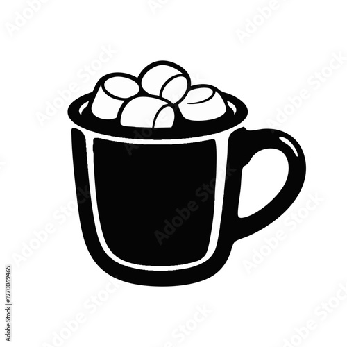 Mug of hot cocoa with marshmallows icon. Simple black and white vector graphic. Warm winter beverage symbol