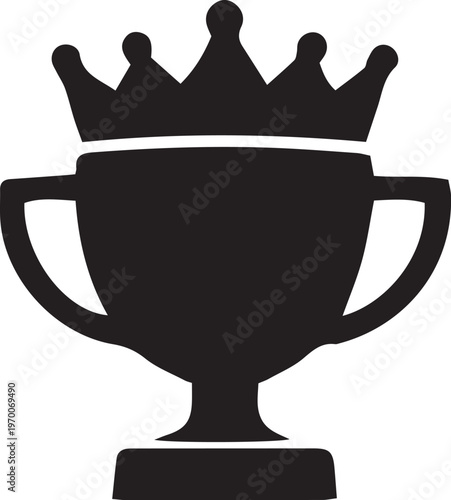 Black silhouette of a trophy with a crown representing victory and achievement isolated on a white background for design use