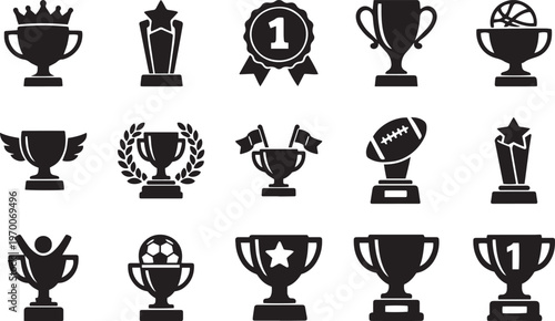 Collection of trophy and award icons representing victory and achievement in sports and competitions flat vector design for web and print