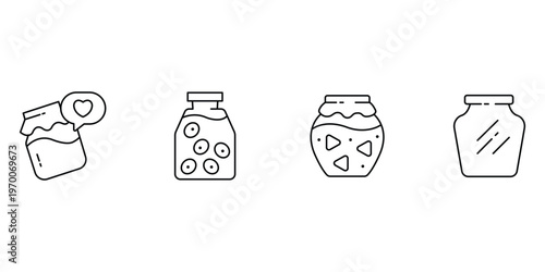 Food jars and glass containers icon set including jam with heart bubble pickled olives fruit preserve and empty storage canister.
