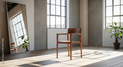 A minimalist wooden chair in a sunlit modern interior design.