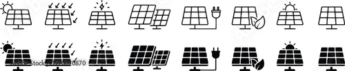 Collection of black solar panel icons with varying designs and connections
