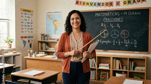 Smiling female teacher instructing math class with fractions on blackboard