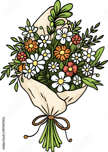 Hand tied bouquet of wildflowers with green leaves wrapped in paper on white background perfect for greeting cards, wedding design