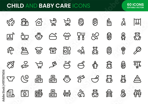 Child and Baby Care icon set. Child and Baby Care professional modern minimal unique line vector icon bundle showcasing baby health icons, parenting tools, feeding 