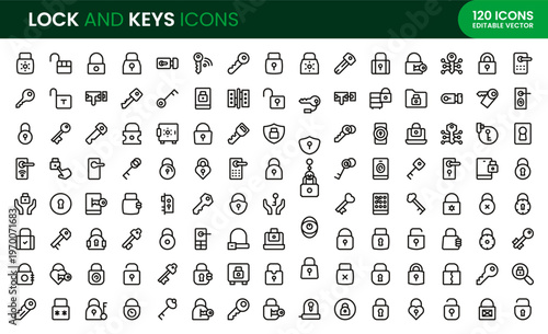 Lock and Keys icon set. Lock and Keys professional modern minimal unique line vector icon collection featuring padlock symbols, key icons, access control elements, security