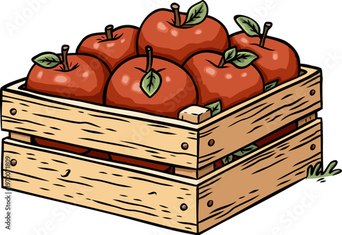 Wooden crate filled with red apples with green leaves on white background perfect for packaging design, grocery advertising