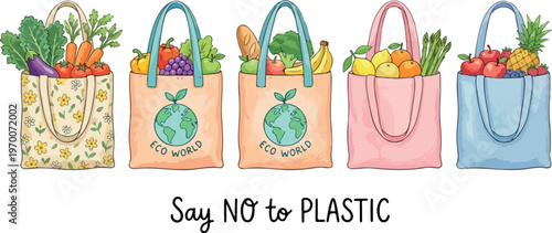 Eco friendly reusable shopping bags with fresh produce and Say NO to PLASTIC message