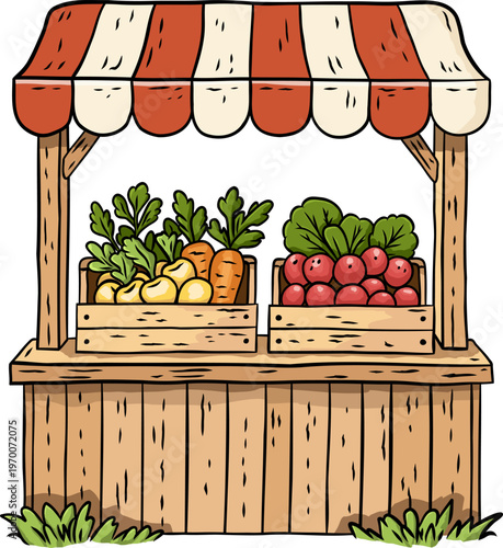 Wooden farmers market stall with crates of vegetables under striped canopy on white background perfect for market themes, retail design