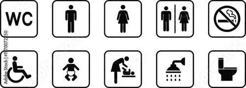 Collection of black and white restroom and facility signage icons