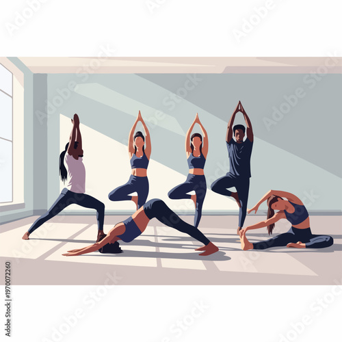 Diverse group practices yoga class, executing stretching exercises and balancing poses in bright studio. Energetic yoga class promotes wellness, flexibility. Concept yoga class for health studios,