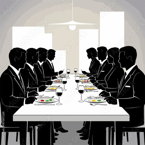 Professionals attend business dinner, sitting around elegant table, plates and wine glasses present. Corporate business dinner involves executives, colleagues engaging in conversation,