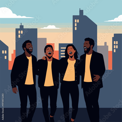 Diverse group of friends sharing joyful laughter on urban street, showcasing authentic connection. Group of friends enjoying vibrant cityscape, creating cherished memories,