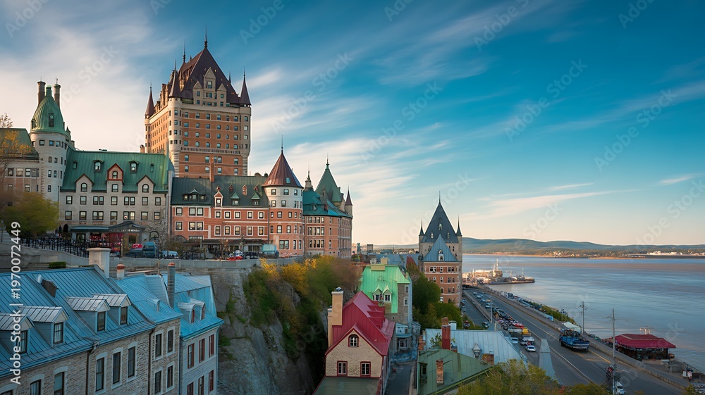 Naklejka premium View of Quebec City old town with Chateau Frontenac and St Lawrence river.