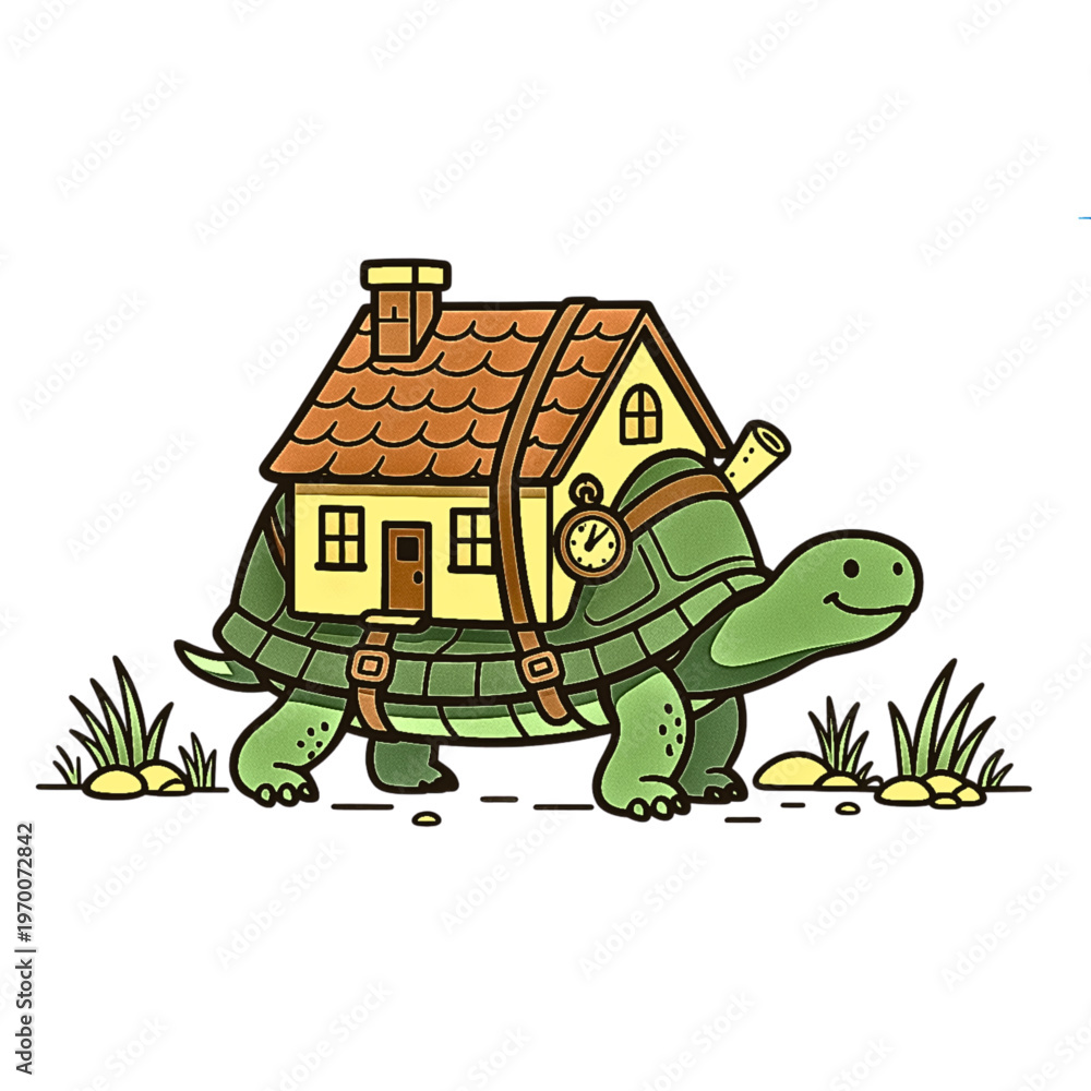 Obraz premium Nomadic Turtle Carrying Tiny House on Shell – Cute Cartoon Vector Illustration