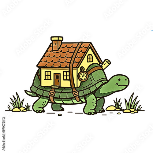 Nomadic Turtle Carrying Tiny House on Shell – Cute Cartoon Vector Illustration