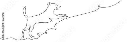 Continuous one line dog drawing art paw illustration pet heart lineart. Dog drawing one line outline print icon veterinary puppy walk footprint running head logo bulldog silhouette background vector.