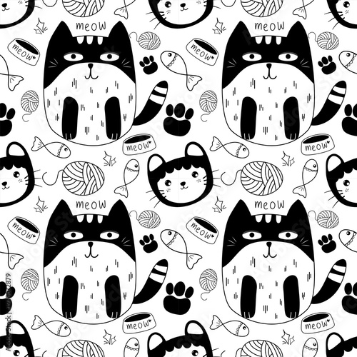 Cute seamless pattern with hand-drawn black and white tuxedo cats, kittens, and fish bones. Adorable feline doodle background with paw prints, yarn balls, and meow lettering. Minimalist nursery vector