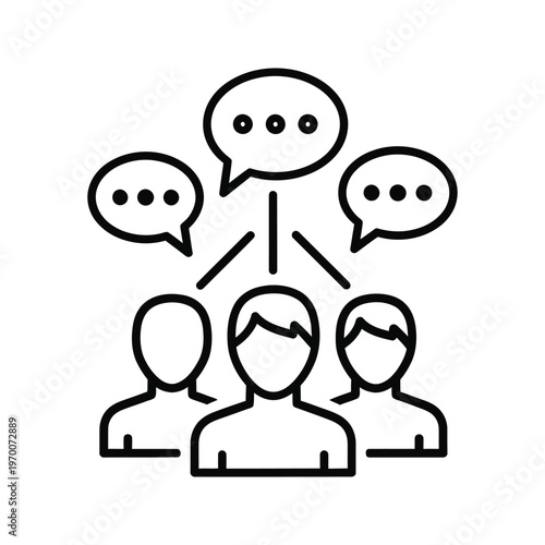Group of people communicating with speech bubbles, symbolizing discussion and collaboration.