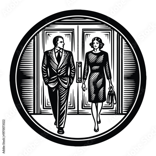 Elegant silhouettes of a gentleman and lady stand in graceful contrast, their poised forms suggesting timeless romance, quiet conversation, and classic sophistication.
