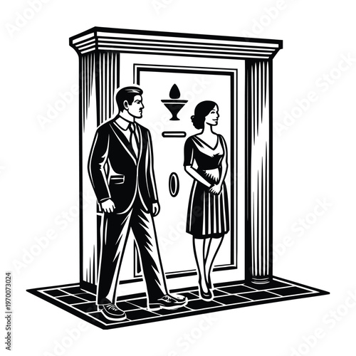 Elegant silhouettes of a gentleman and lady stand in graceful contrast, their poised forms suggesting timeless romance, quiet conversation, and classic sophistication.
