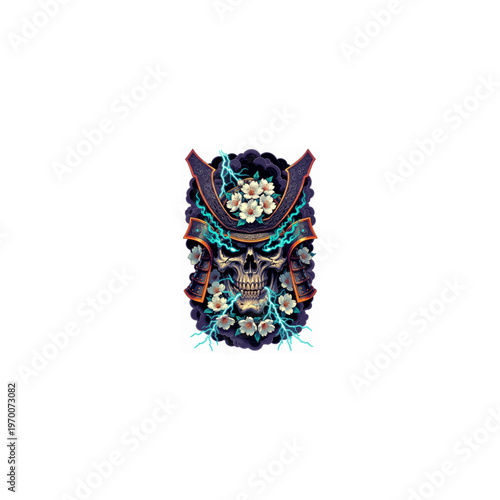 Teschio samurai con elmo, fiori di ciliegio e fulmini blu in stile tatuaggio. Generative AI 