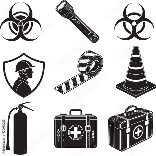 A collection of black and white safety hazard and emergency response icons and equipment