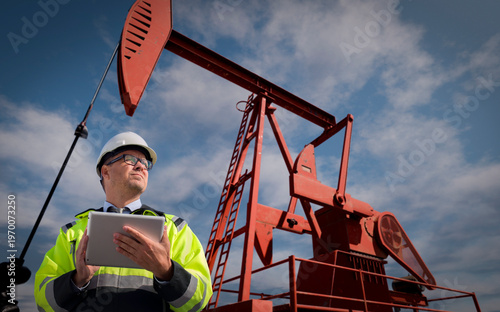 Construction engineer wearing safety vest and oil industry pumps