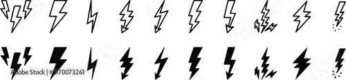 Collection of diverse hand drawn lightning bolt icons in black and white