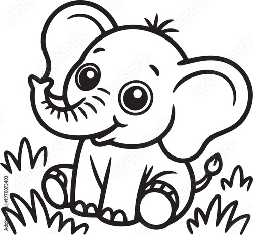 Happy baby elephant sitting on grass with big eyes and trunk raised, cute animal illustration