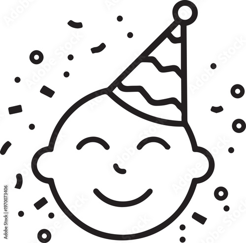 A celebratory baby's face, donned with a festive party hat, smiles amid a shower of confetti, perfect for joyful events.