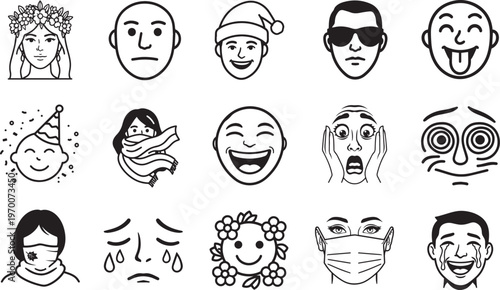 Diverse collection of cartoon faces, each with a unique expression that evokes a range of emotions, from joy to sorrow, captured in a simple black and white design. 