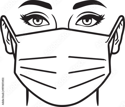 A person wearing medical mask in modern black line drawing, symbolizing health protection.