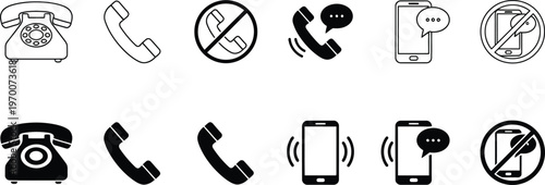 Collection of black and white phone and communication icons in various styles
