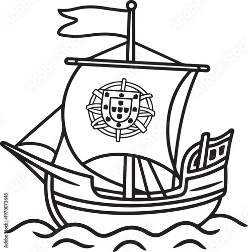 Historical sailing caravel ship with majestic wooden hull and billowing sails decorated with royal emblem cruising through ocean waves