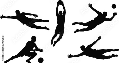Black silhouette vector illustration set featuring soccer goalkeepers diving jumping and catching footballs for sports competition training match and athletic club branding design
