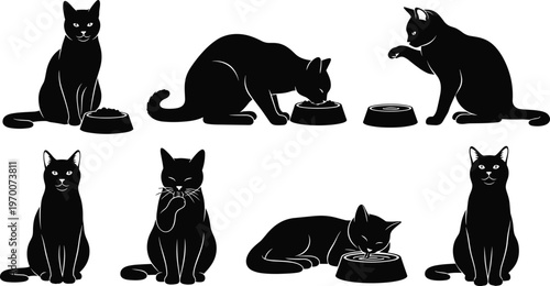 Black silhouette vector illustration set featuring domestic cats eating from bowls and drinking water for pet care nutrition feline health and animal welfare branding design