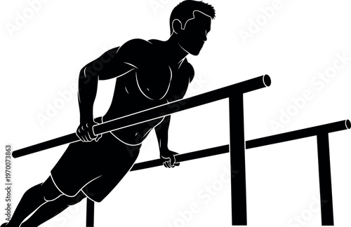 Silhouette of a man performing a dip exercise on parallel bars