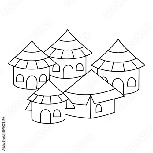 A peaceful town of huts rests under open skies, with thatched roofs and earthen walls. Smoke curls from chimneys as villagers gather, creating a warm, simple, and timeless rural life.
